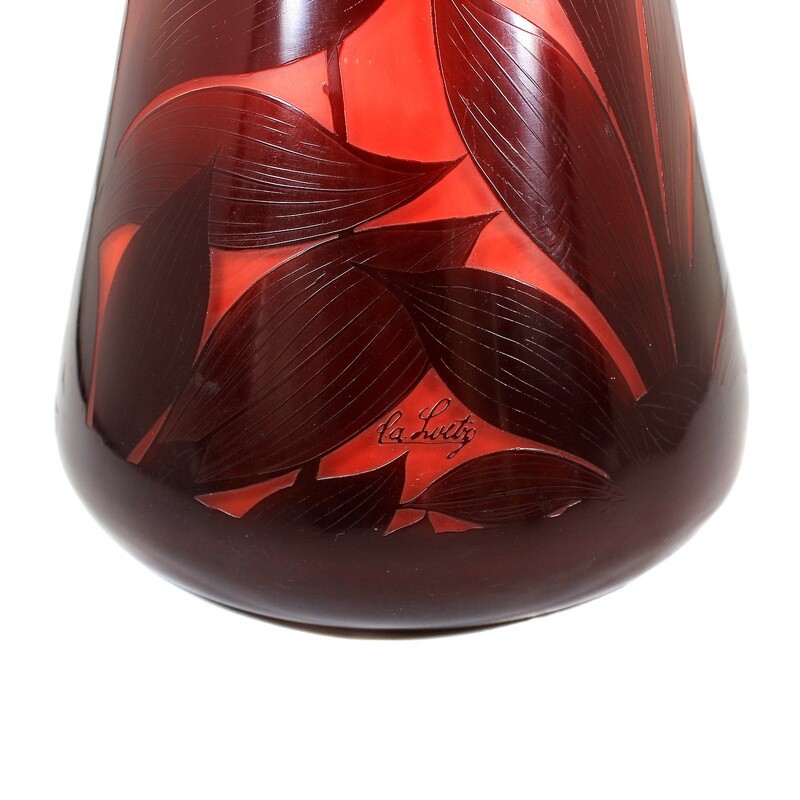 50 cm high vase with orange-red overlay, floral decoration and butterfly, Loetz