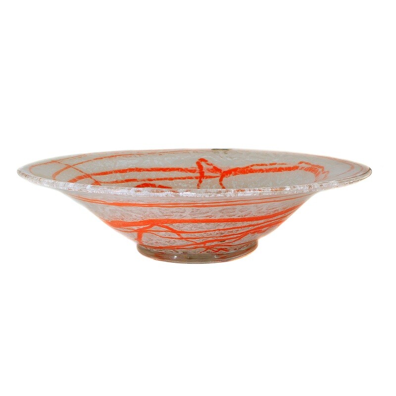 Large foam glass bowl with red thread decoration, Loetz around 1935