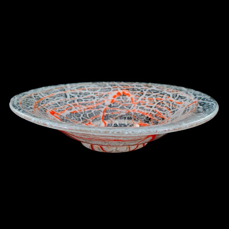 Large foam glass bowl with red thread decoration, Loetz around 1935