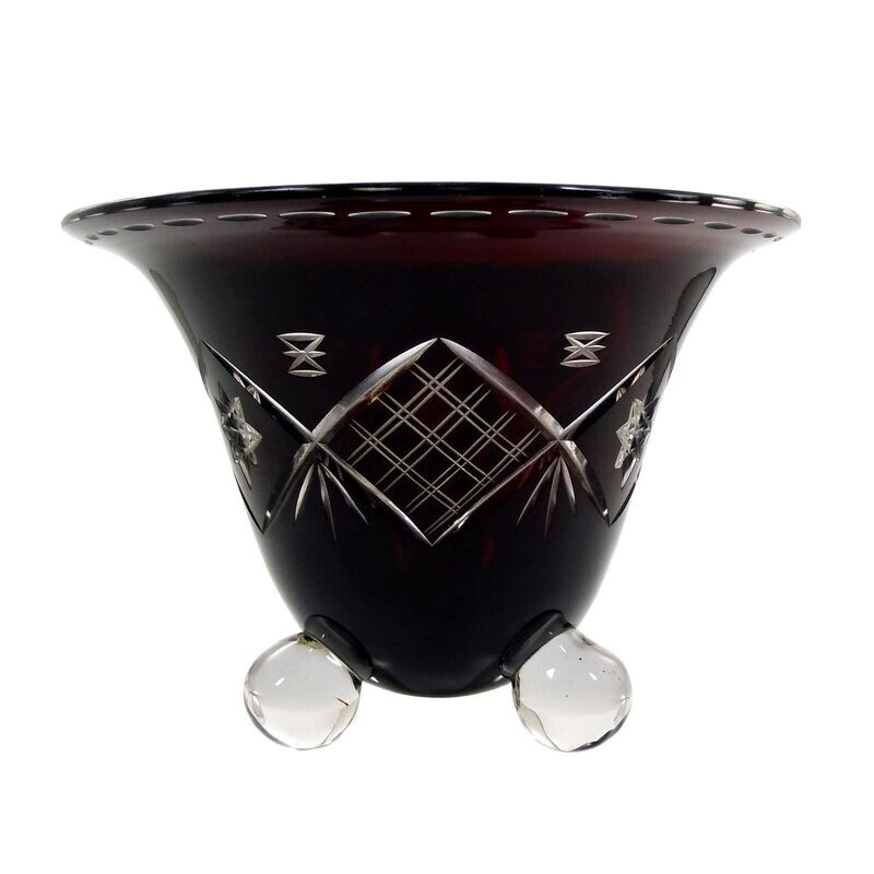 Bowl with ball feet and copper ruby overlay with cut decoration, Loetz around 1922