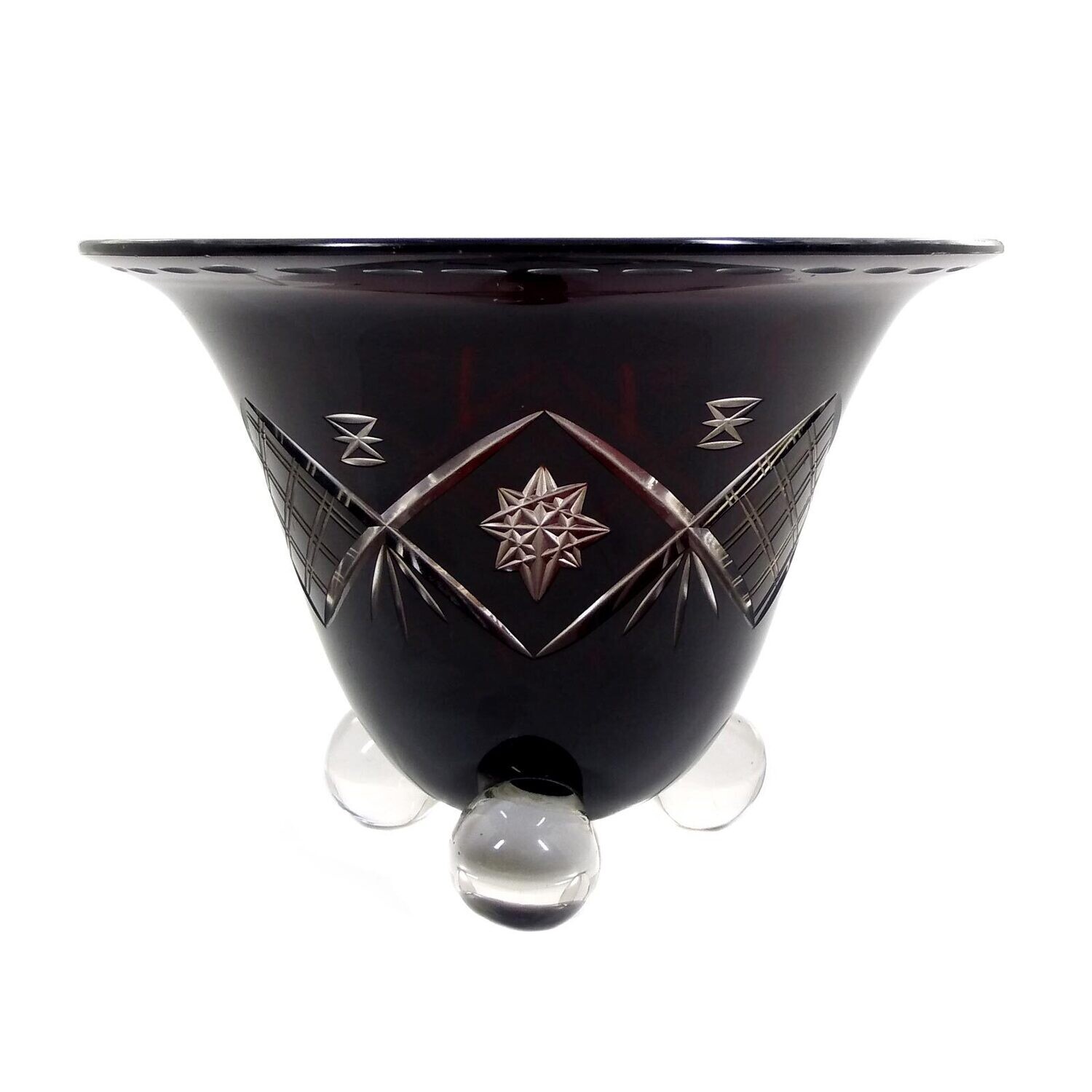 Bowl with ball feet and copper ruby overlay with cut decoration, Loetz around 1922