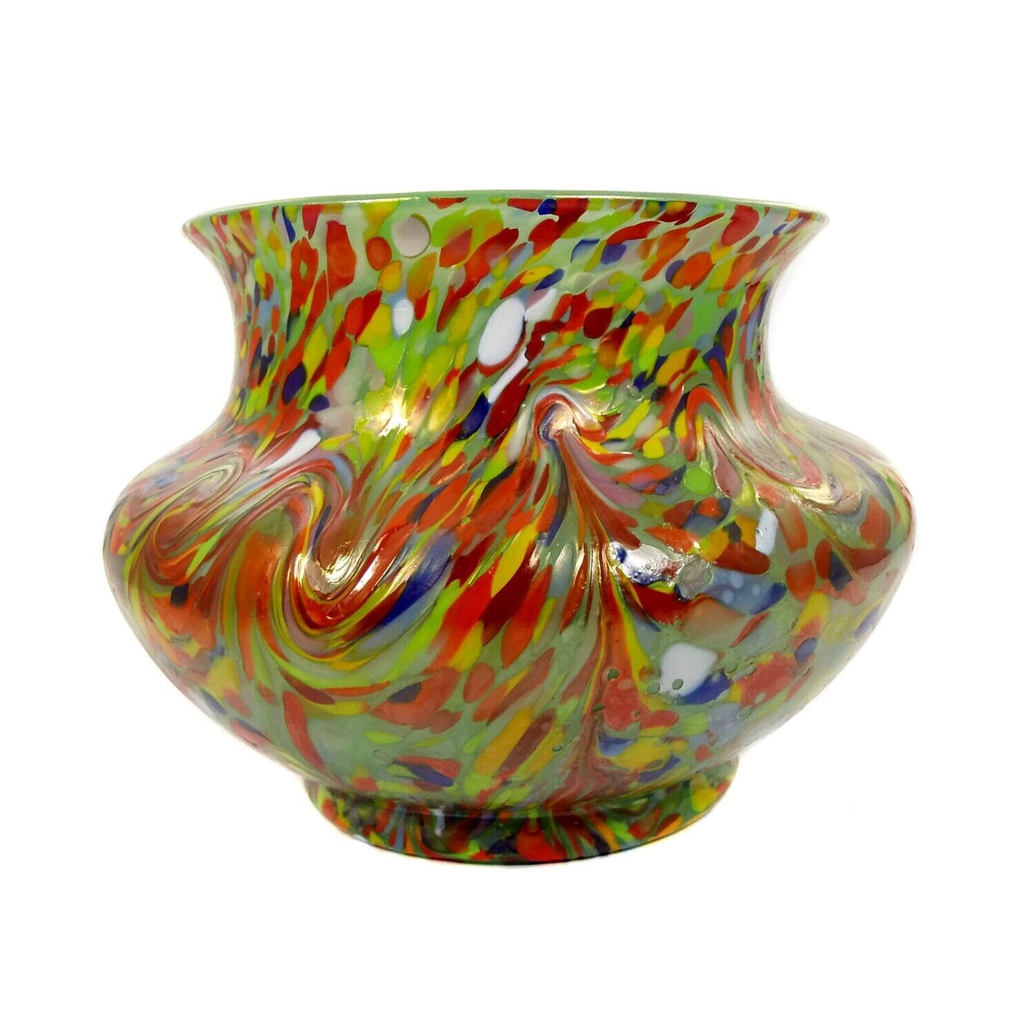 Vase made of light green opal glass with colorful crumb melting, Loetz around 1925.