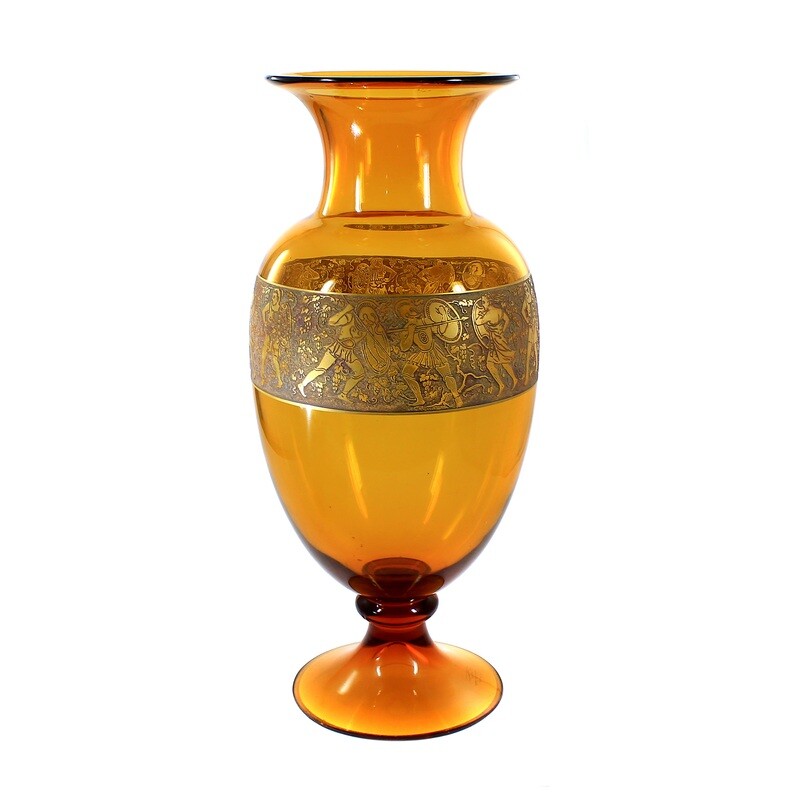 35 cm high Art Deco vase with fighting Amazons, Moser Karlsbad, signed
