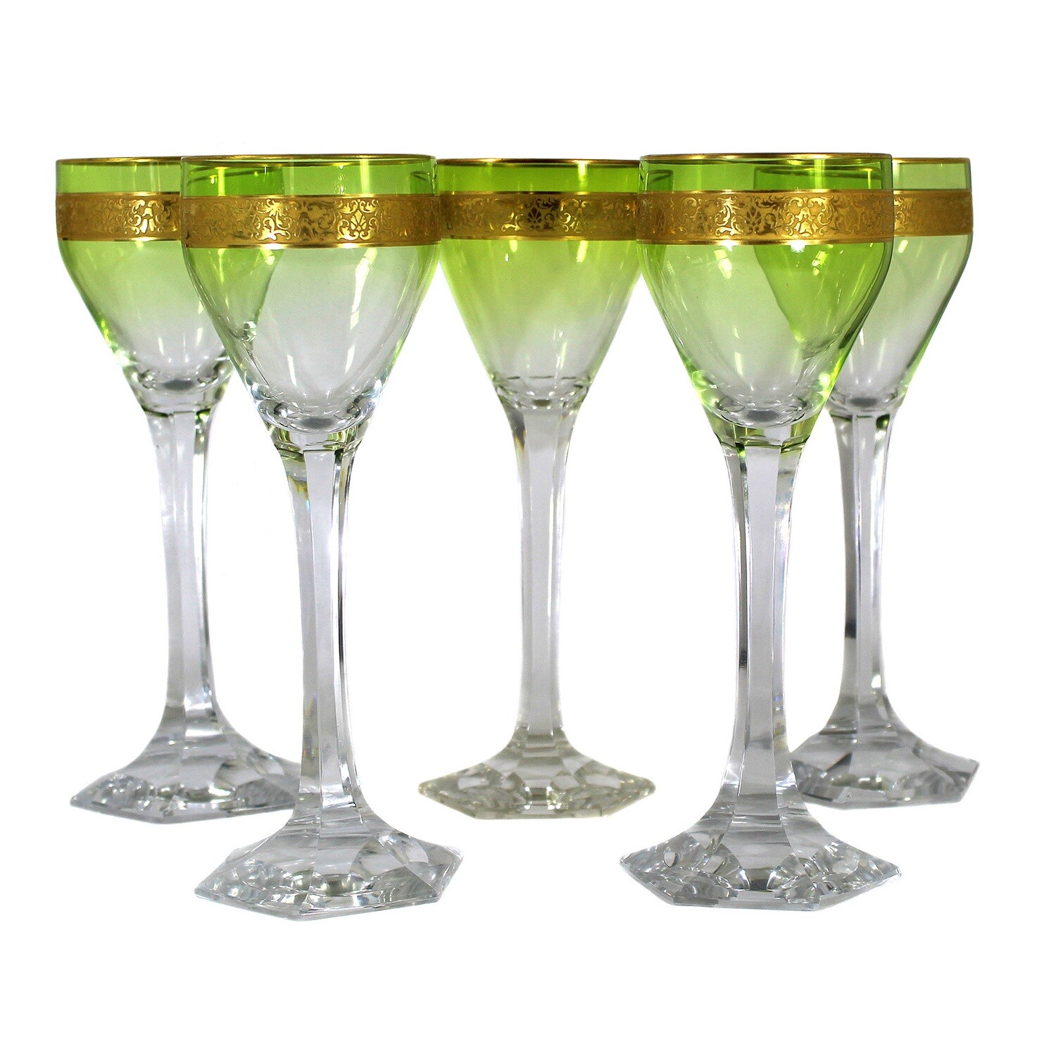5 wine glasses with oroplastic decoration, Moser Karlsbad around 1920