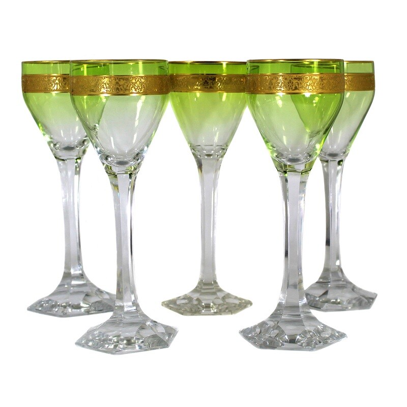 5 wine glasses with oroplastic decoration, Moser Karlsbad around 1920