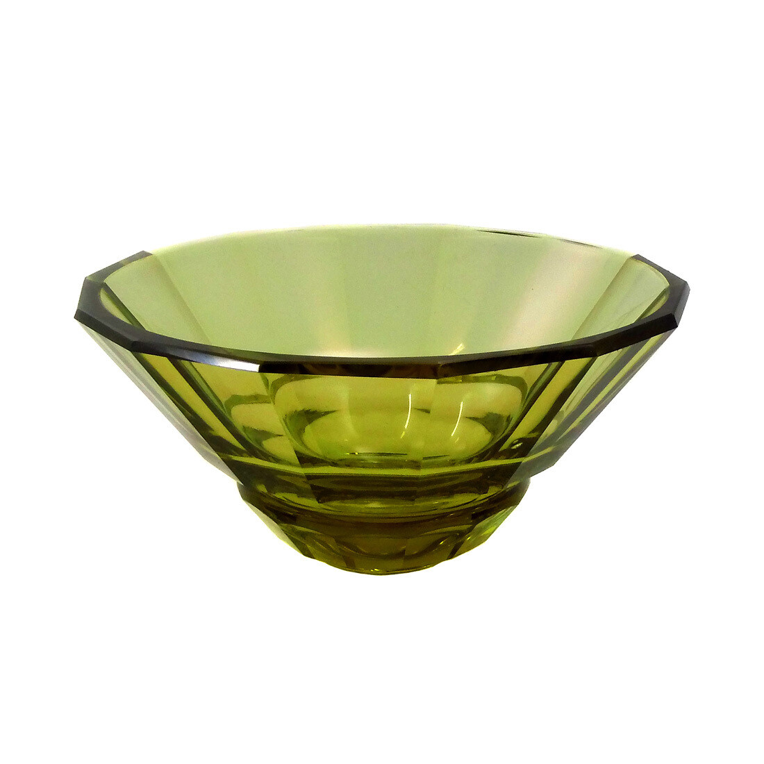 14-fold faceted bowl made of lime yellow glass, Bohemia around 1930