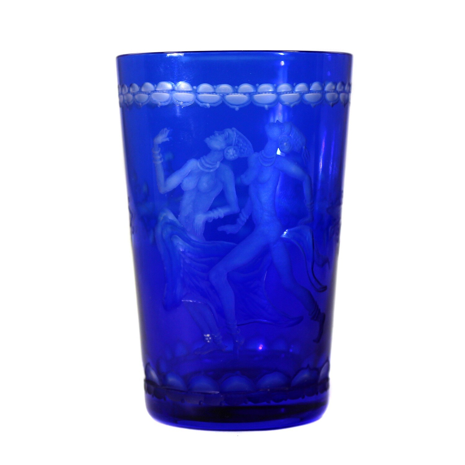 Mug with blue overlay and Javanese dancers, Orrefors around 1935