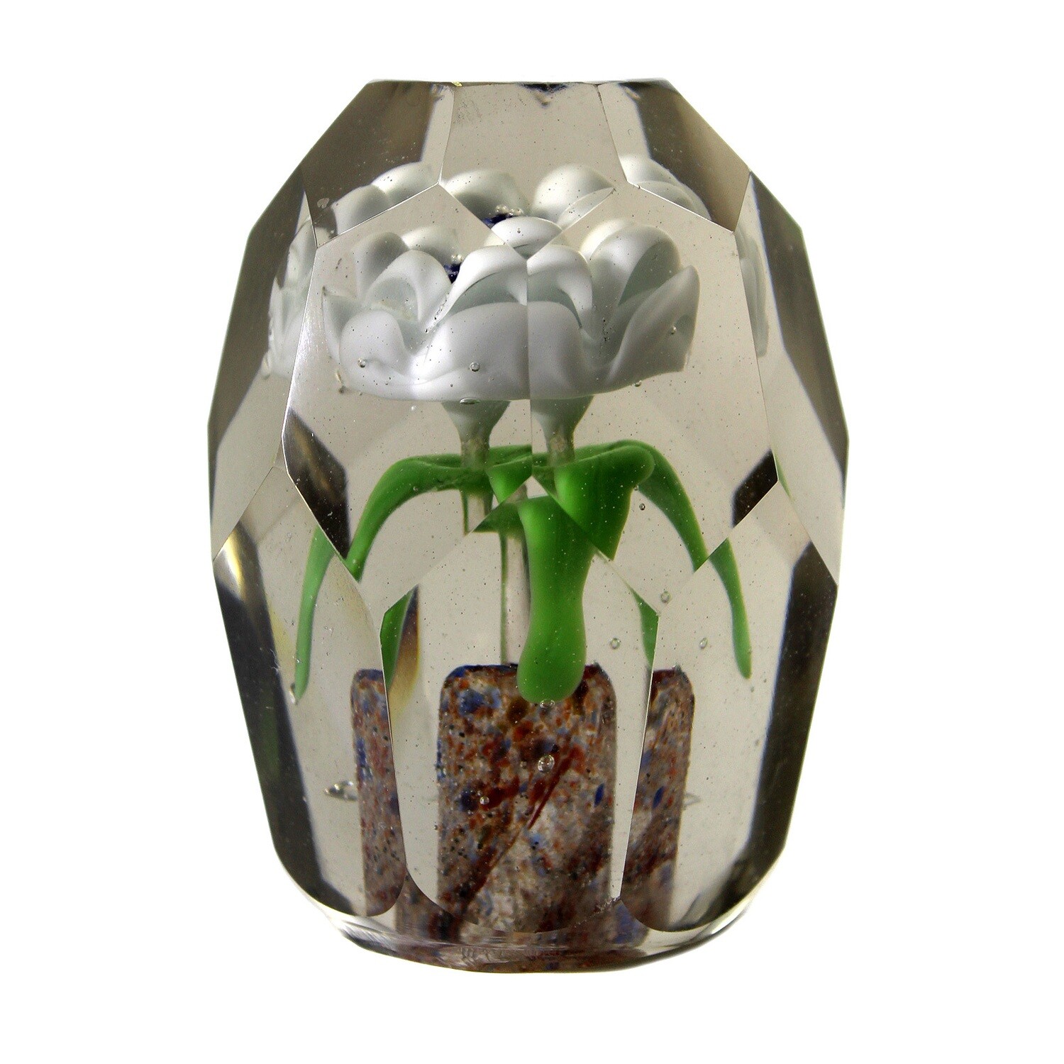 Paperweight made of colorless glass with a flower pot and plant, Bohemia around 1920