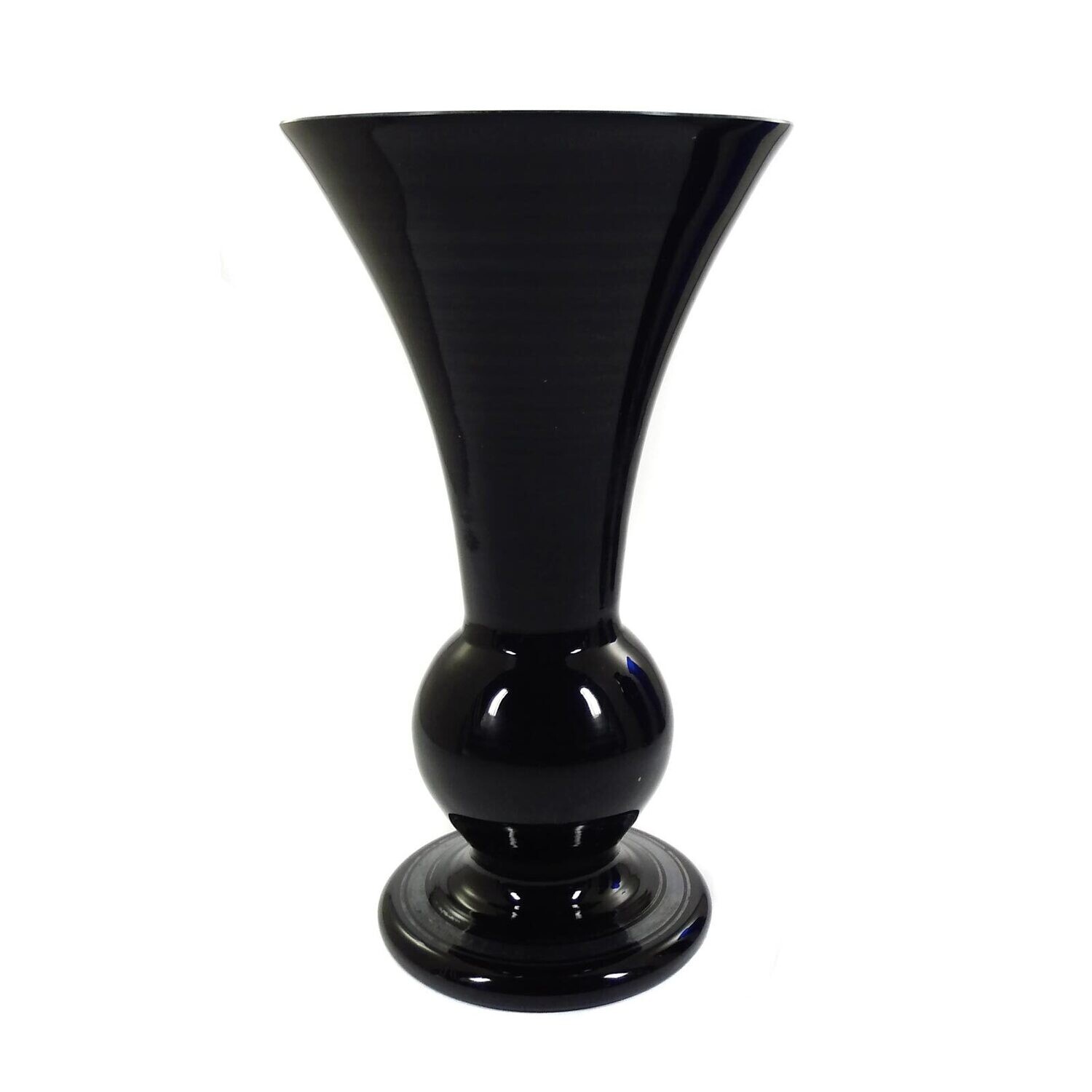 Heavy trumpet-shaped vase made of black hyalith glass around 1925-30
