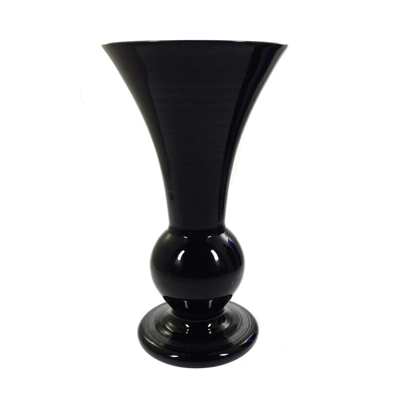 Heavy trumpet-shaped vase made of black hyalith glass around 1925-30