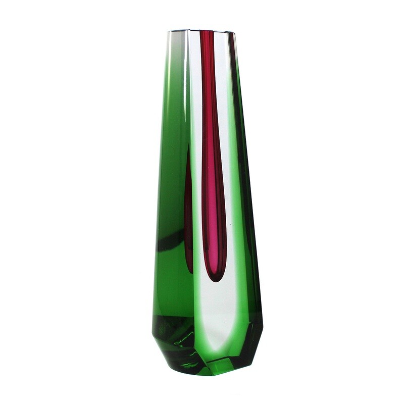 Conical block vase with pink interior, Exbor, designed by Pavel Hlava around 1958