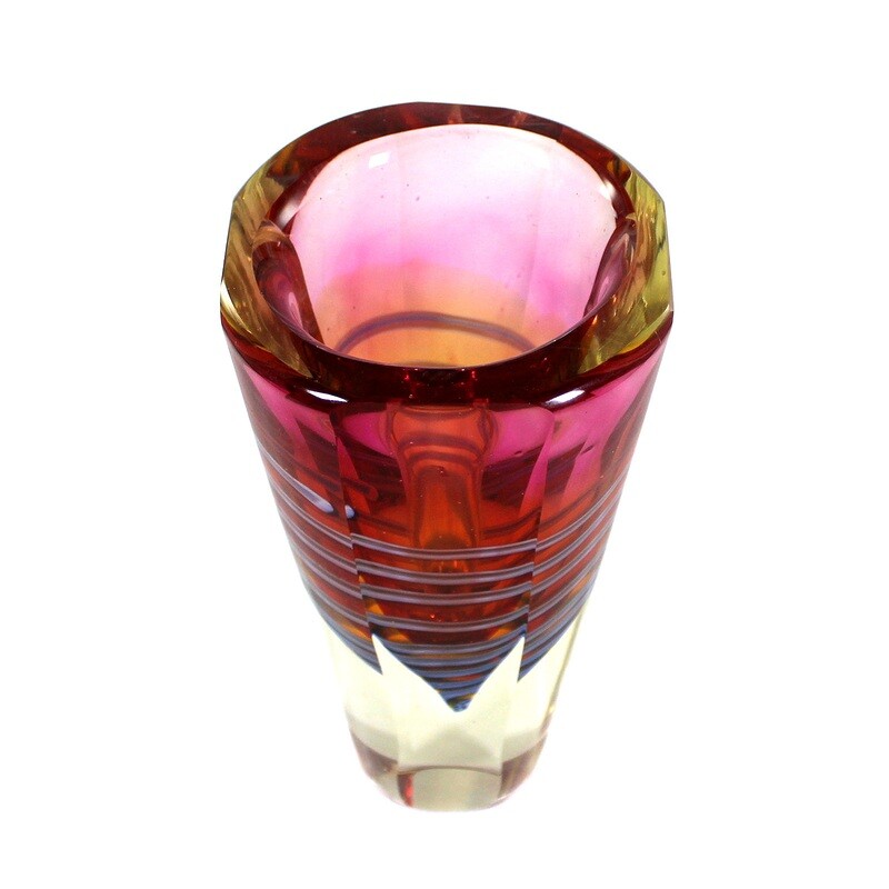 Tall block vase with colored interior &amp; spiral glass thread, Czech Glas