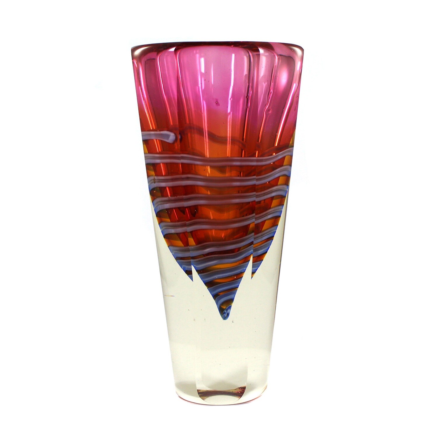Tall block vase with colored interior &amp; spiral glass thread, Czech Glas