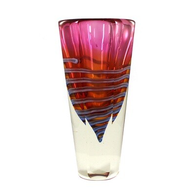 Hohe Blockvase mit farbigen Innenfang &amp; Spiralglasfaden, Czech Glas