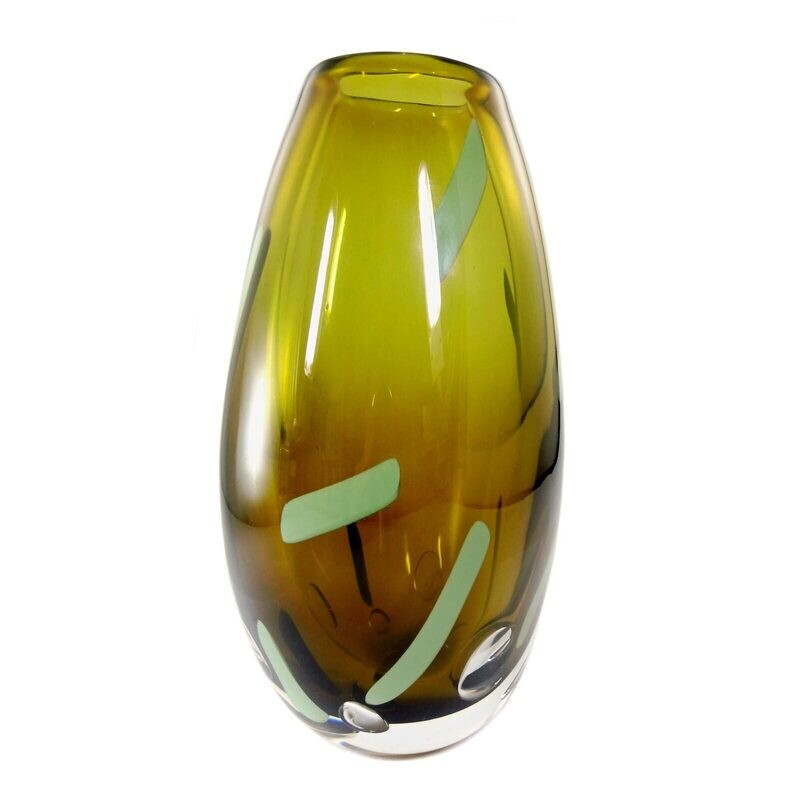 Large heavy Graal glass vase with air bubbles and color sticks, Sweden around 1970.