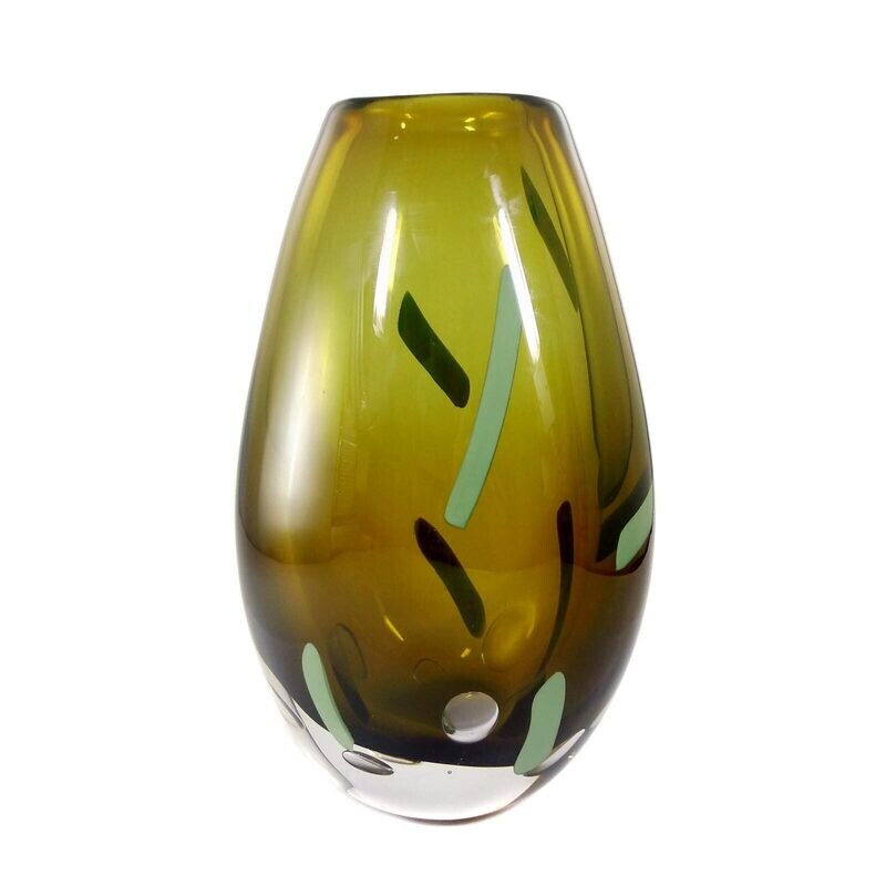 Large heavy Graal glass vase with air bubbles and color sticks, Sweden around 1970.