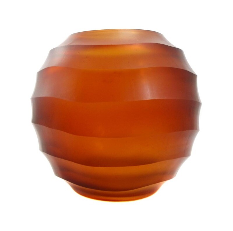 Amber-colored vase, spherical body with wavy cut, Hanns Model around 1970