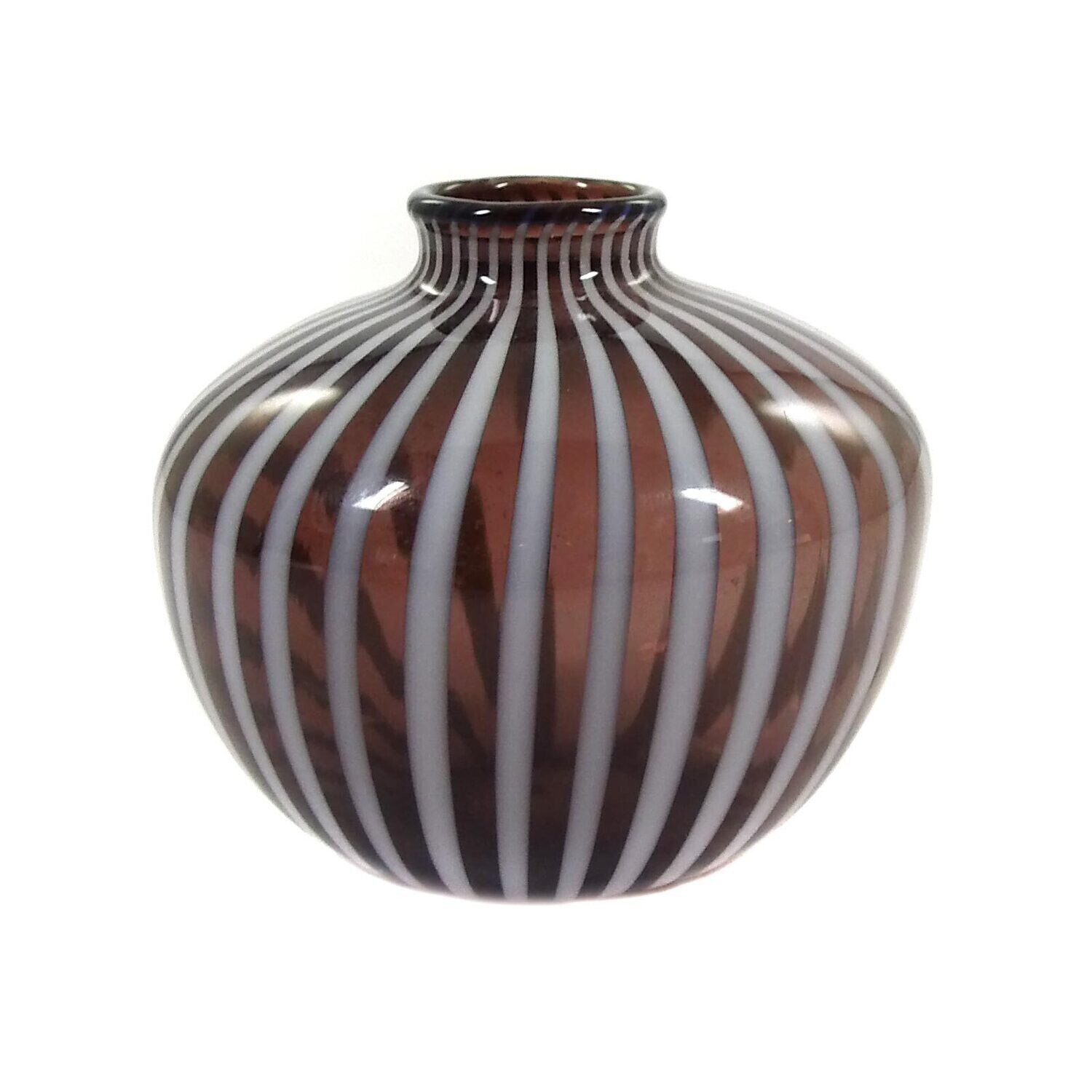 Small free-form glass vase with opaque white vertical thread decoration