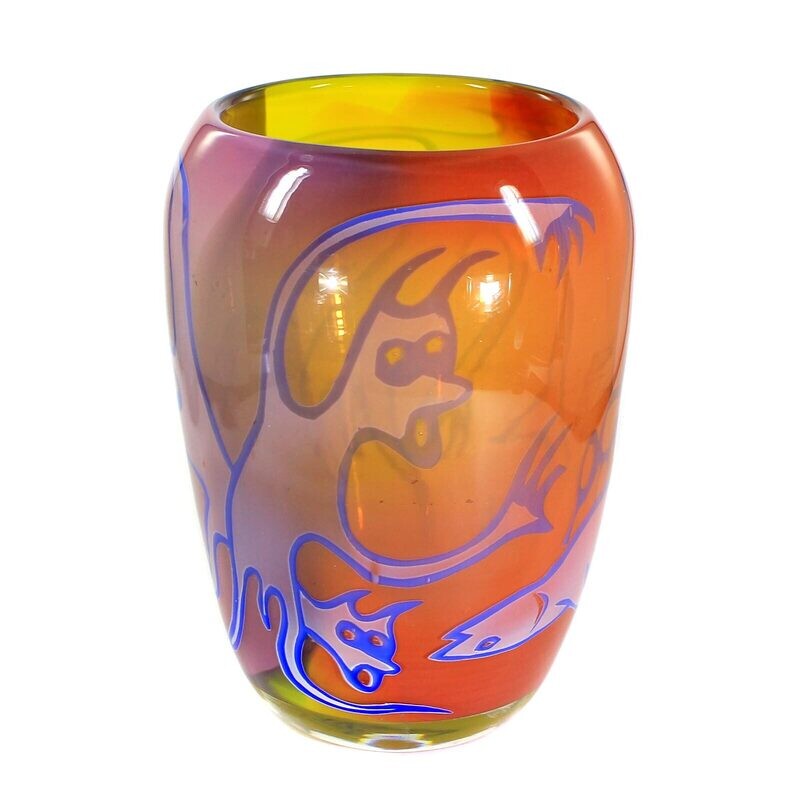 Multicolored vase with sandblasted figures, sign. Theodor G Sellner