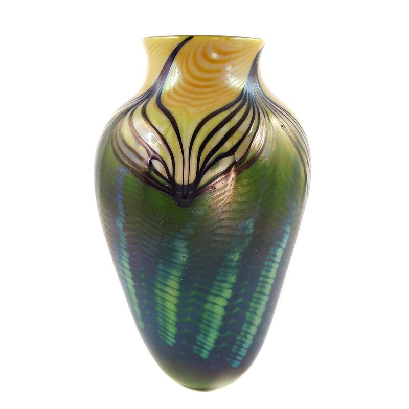 Vase with opal glass interior and combed decoration, signed. Orient &amp; Flume