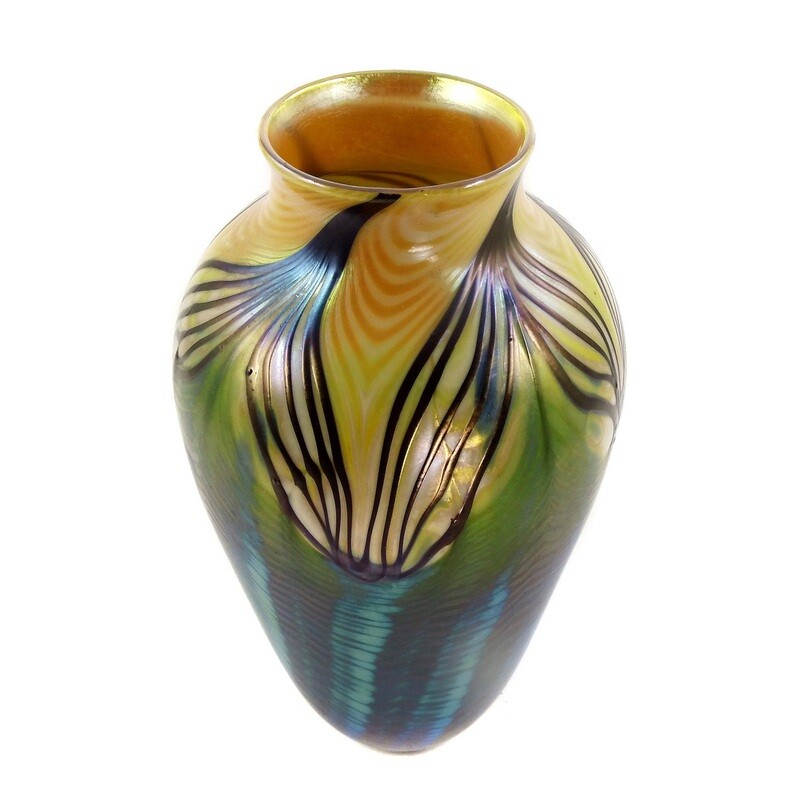 Vase with opal glass interior and combed decoration, signed. Orient &amp; Flume