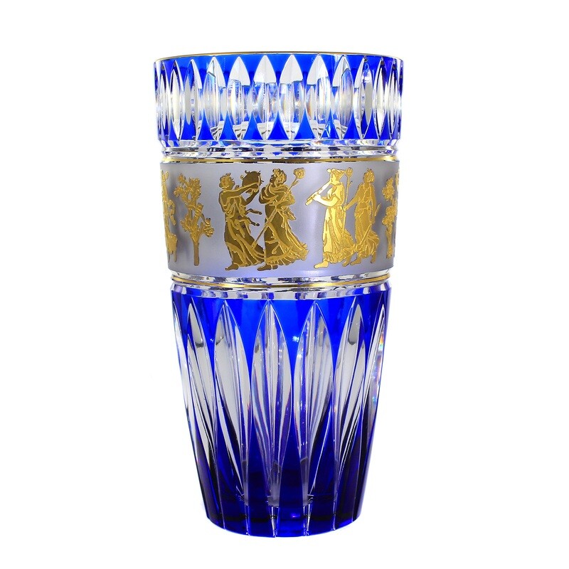 Vase with blue overlay and etched frieze, Val St. Lambert, Dance de Flore