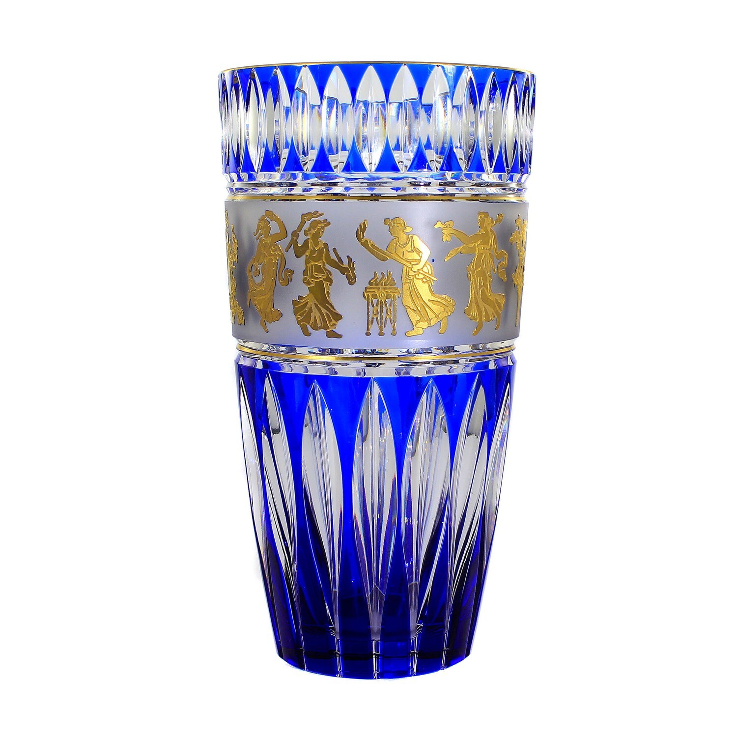 Vase with blue overlay and etched frieze, Val St. Lambert, Dance de Flore