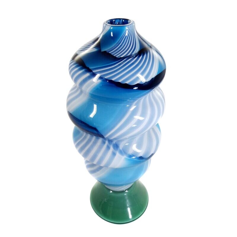 Studio glass vase with melted paint, Trail Cane Twist, signed Ch. Meaker