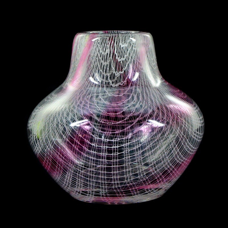Vase made of colorless glass with white inner grid, designed by Rudolf Schwedler