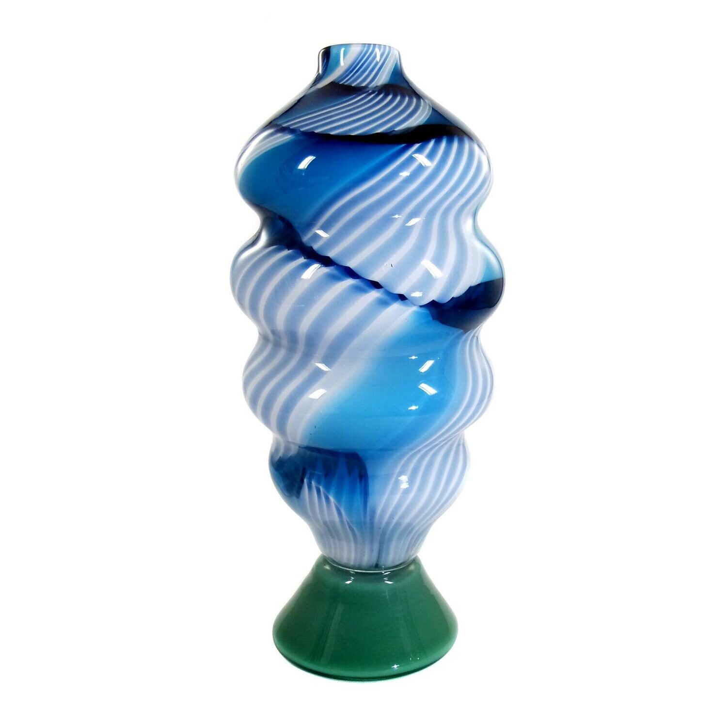 Studio glass vase with melted paint, Trail Cane Twist, signed Ch. Meaker