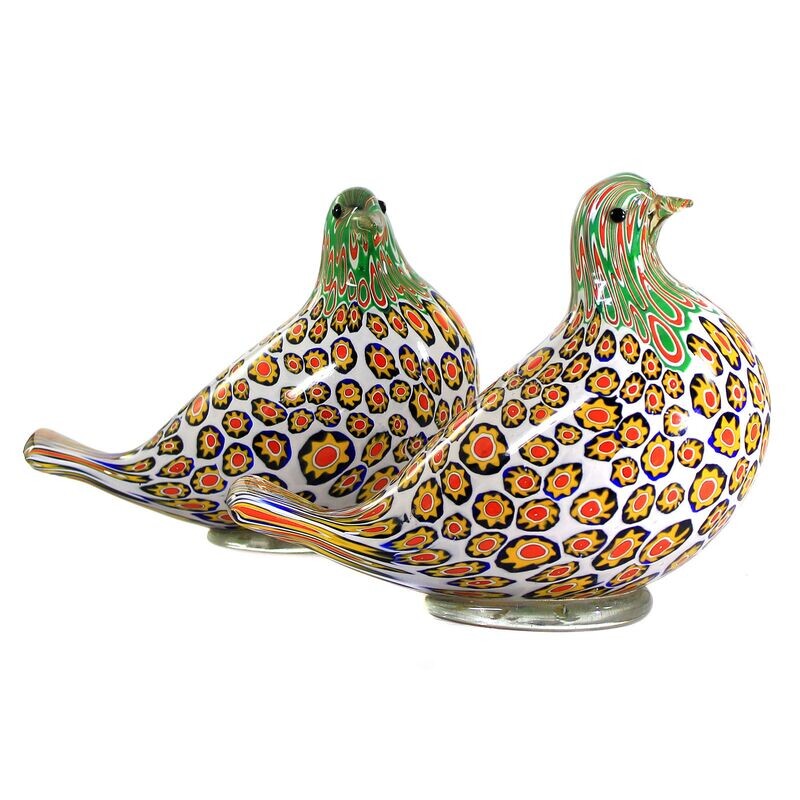 Pair of pigeon sculptures with enclosed murrines, Aldo Nason around 1965
