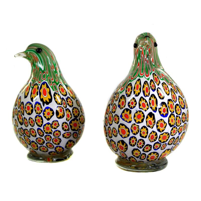 Pair of pigeon sculptures with enclosed murrines, Aldo Nason around 1965