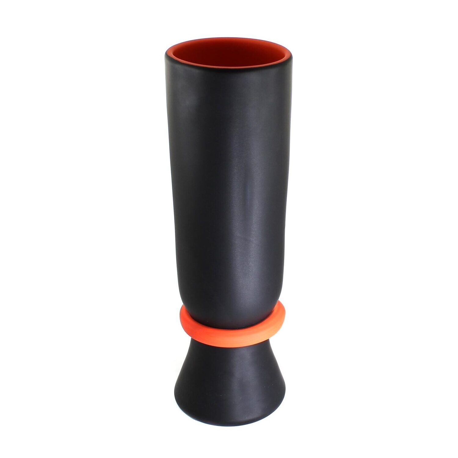 Tall vase made of black frosted glass with an orange interior, probably Simon Moore