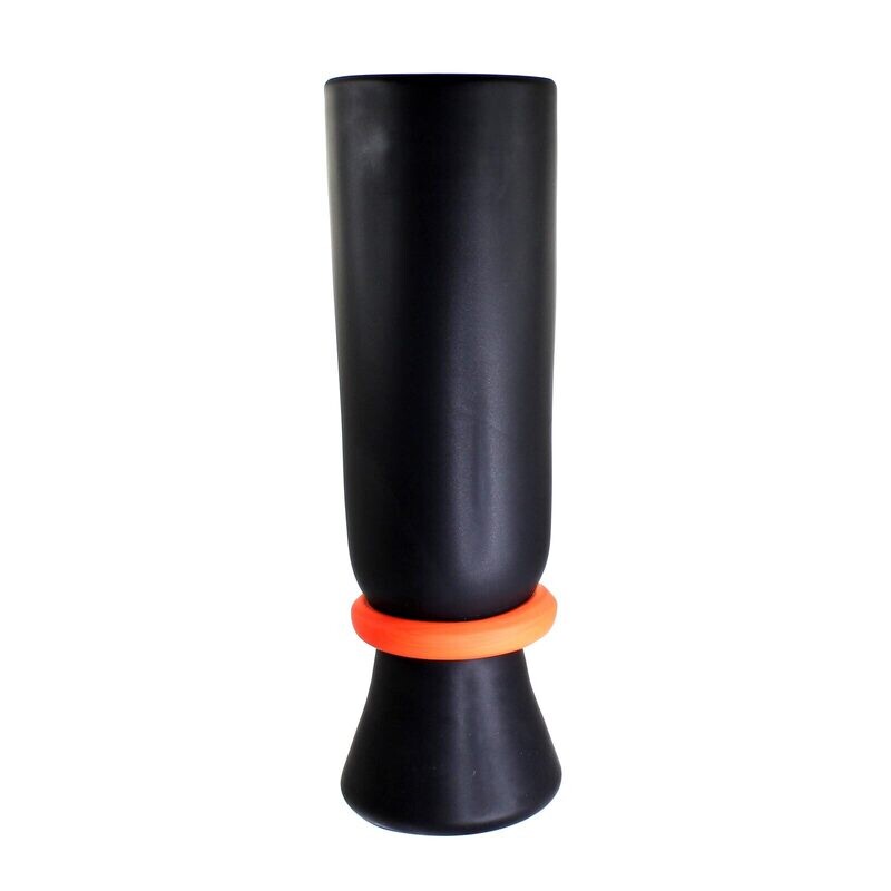 Tall vase made of black frosted glass with an orange interior, probably Simon Moore