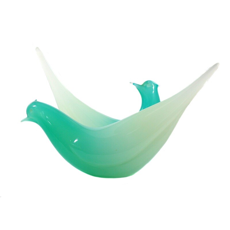 Pair of bird sculptures made of green alabaster glass, Murano around 1965-70