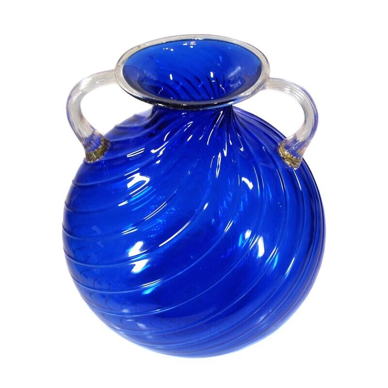 Cobalt blue, optically ribbed vase with attached handles, Seguso Vetri d'Arte ​