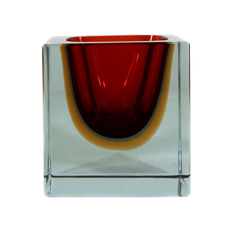 Bowl made of colorless, slightly blue-tinged glass with a red interior, Seguso Vetri