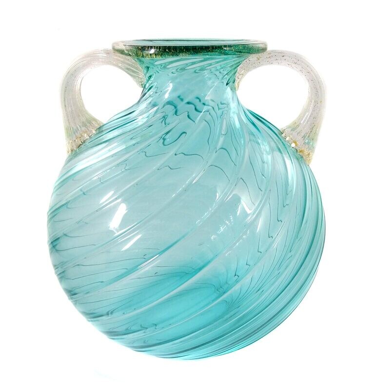 Vase made of turquoise, ribbed glass with handle, Seguso Vetri d&#39;Arte around 1970