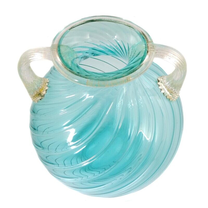 Vase made of turquoise, ribbed glass with handle, Seguso Vetri d'Arte around 1970