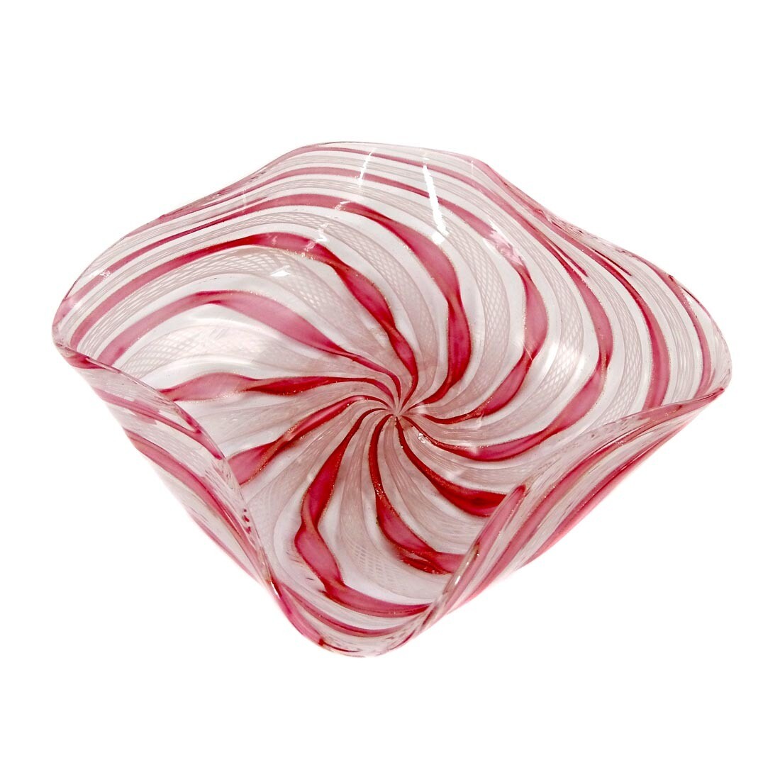 Frei geformte Zanfirico Schale mit roten und weißen Spiralfäden, um 1950