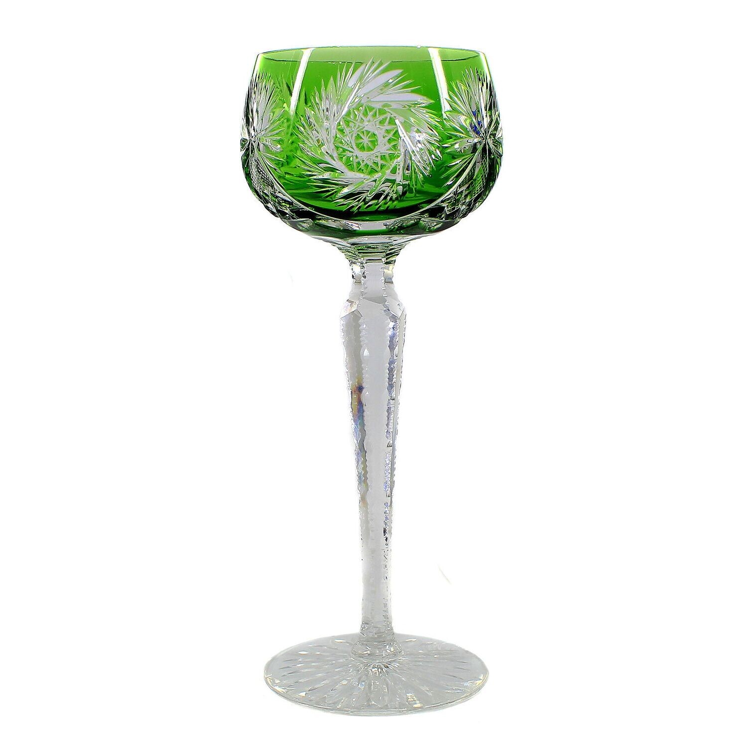 Stem glass with green overlay &amp; decorative cut decoration, Josephinenhütte around 1920