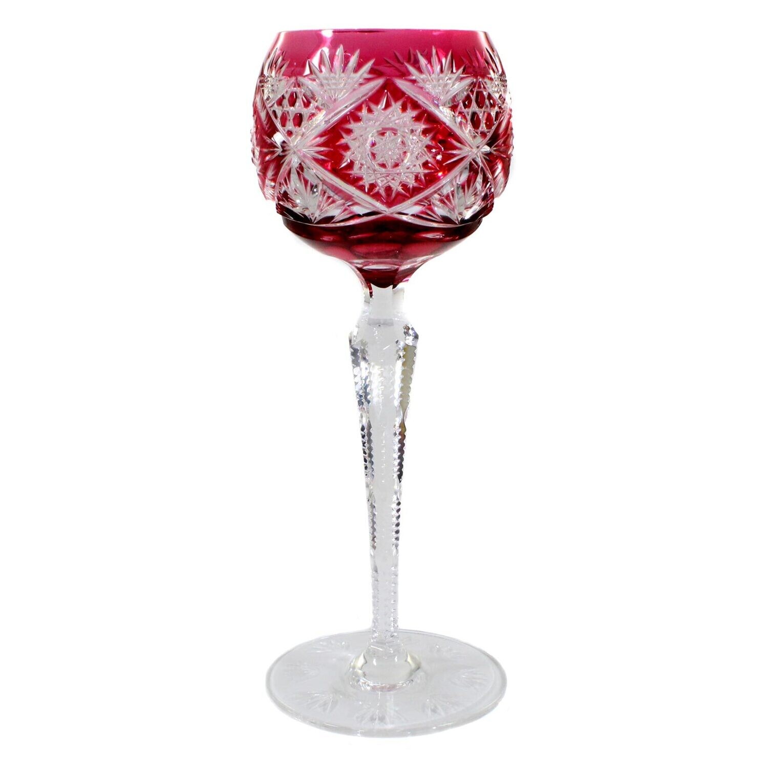 Stem glass with rose-colored overlay &amp; decorative cut decoration, Josephinenhütte around 1920