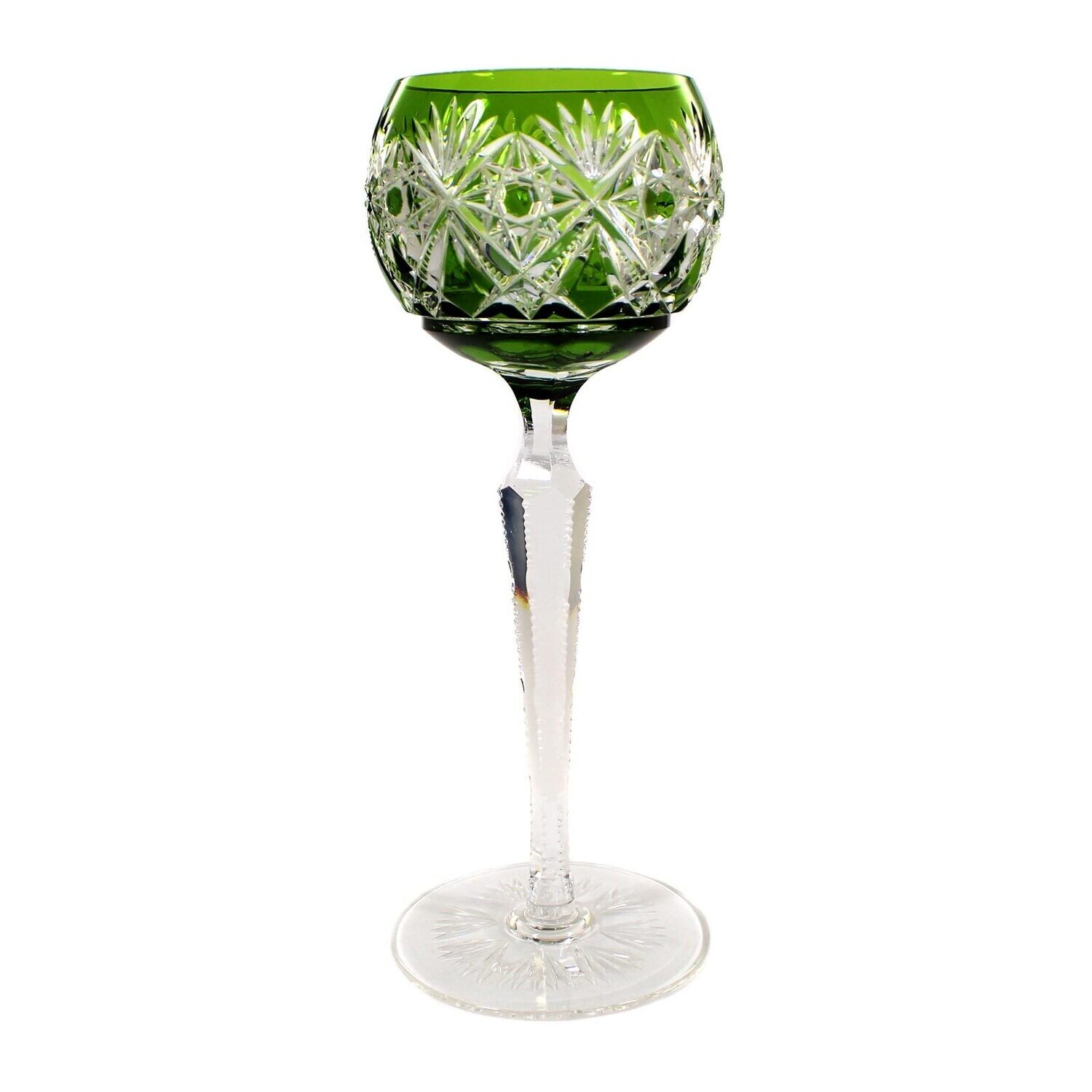 Stem glass with green overlay &amp; decorative cut decoration, Josephinenhütte around 1920