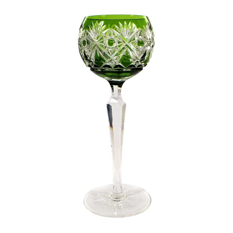 Stem glass with green overlay &amp; decorative cut decoration, Josephinenhütte around 1920