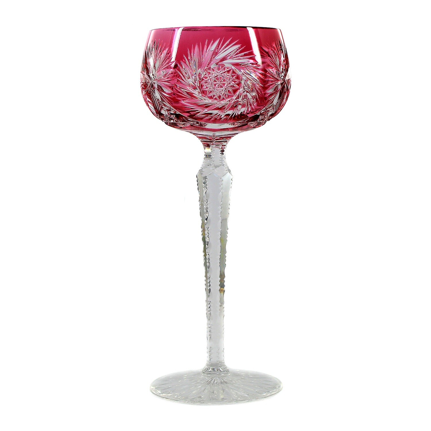 Stem glass with magenta overlay &amp; decorative cut decoration, Josephinenhütte around 1920