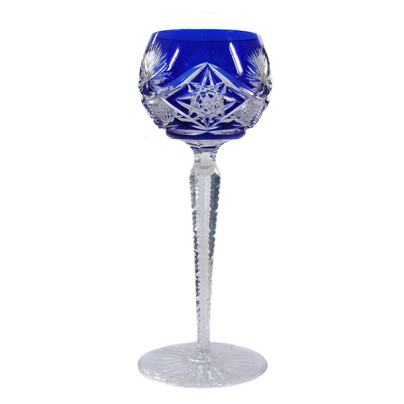 Stem glass with cobalt blue overlay &amp; decorative cut decoration, Josephinenhütte around 1920