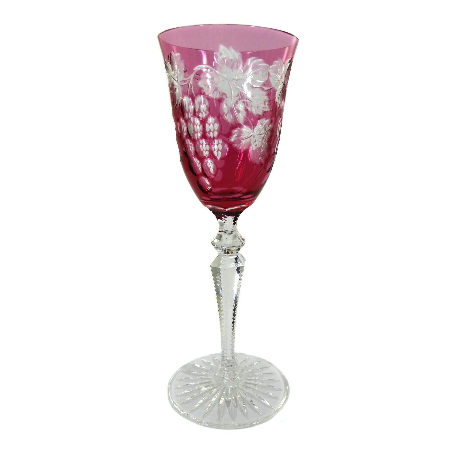 Stängelglas mit rosefarbenen Überfang und Traubendekor, Josephinenhütte