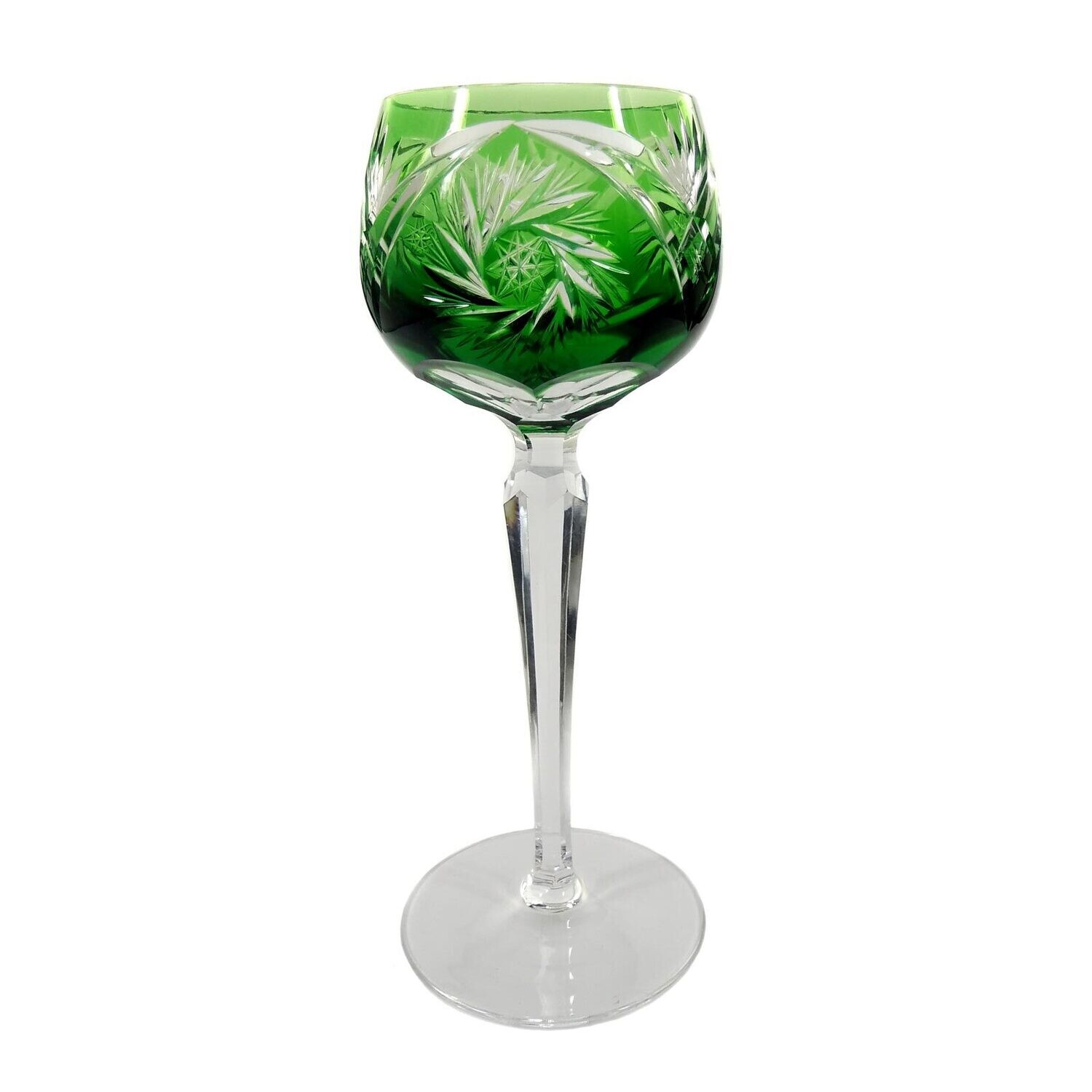 Stem glass with green overlay and decorative cut decoration, Josephinenhütte around 1929