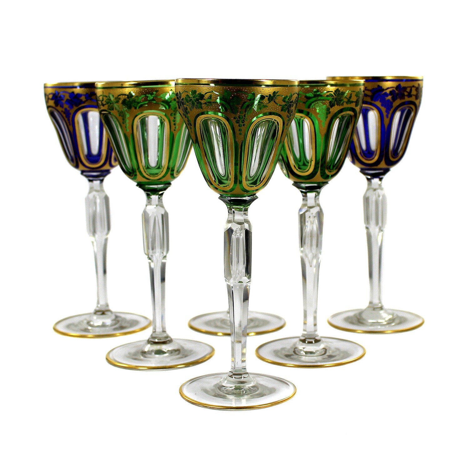 6 stem glasses with overlay &amp; gold decoration, designed by A. Pfohl, Josephinenhütte around 1920