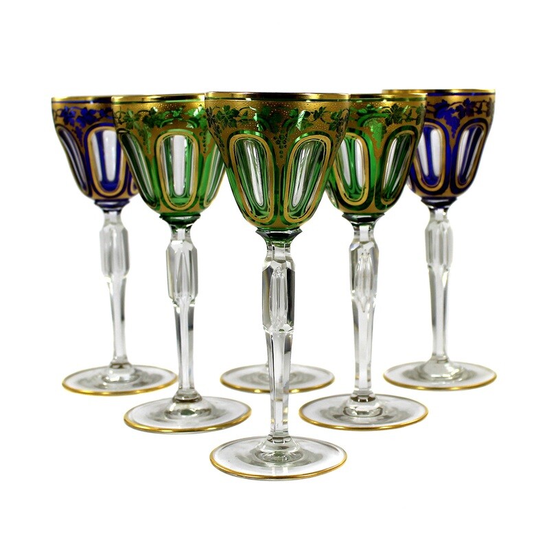 6 stem glasses with overlay &amp; gold decoration, designed by A. Pfohl, Josephinenhütte around 1920